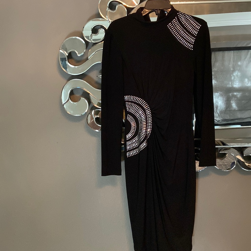 Cache Black Long Sleeve Midi Dress with Silver Stud Details